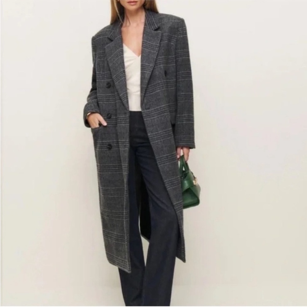NWT Reformation Classic Gray Plaid Long Wool-Blend Lucas Coat Size Large